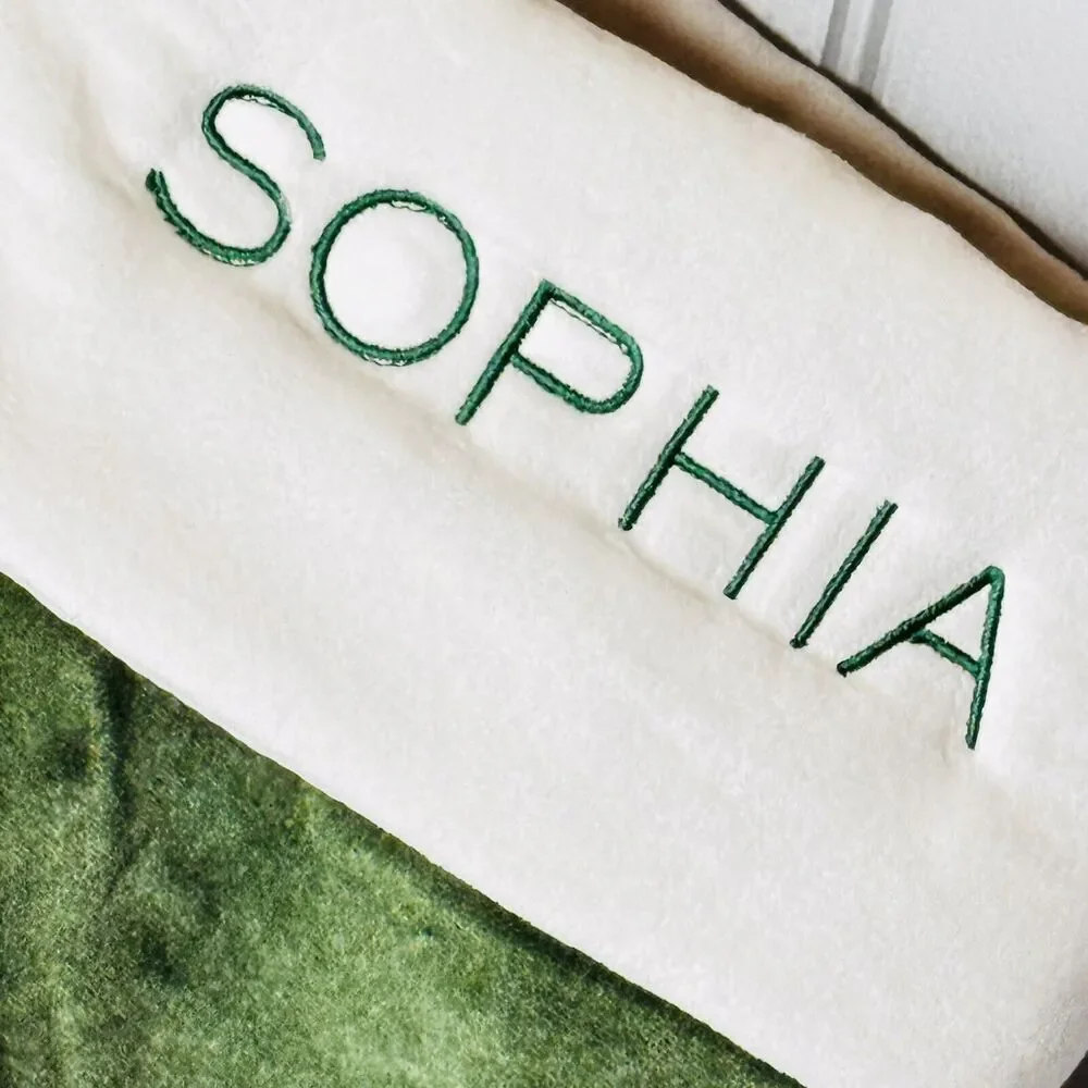West Elm SOPHIA Oversized Christmas Stocking Green White Velvet Mono NWOT